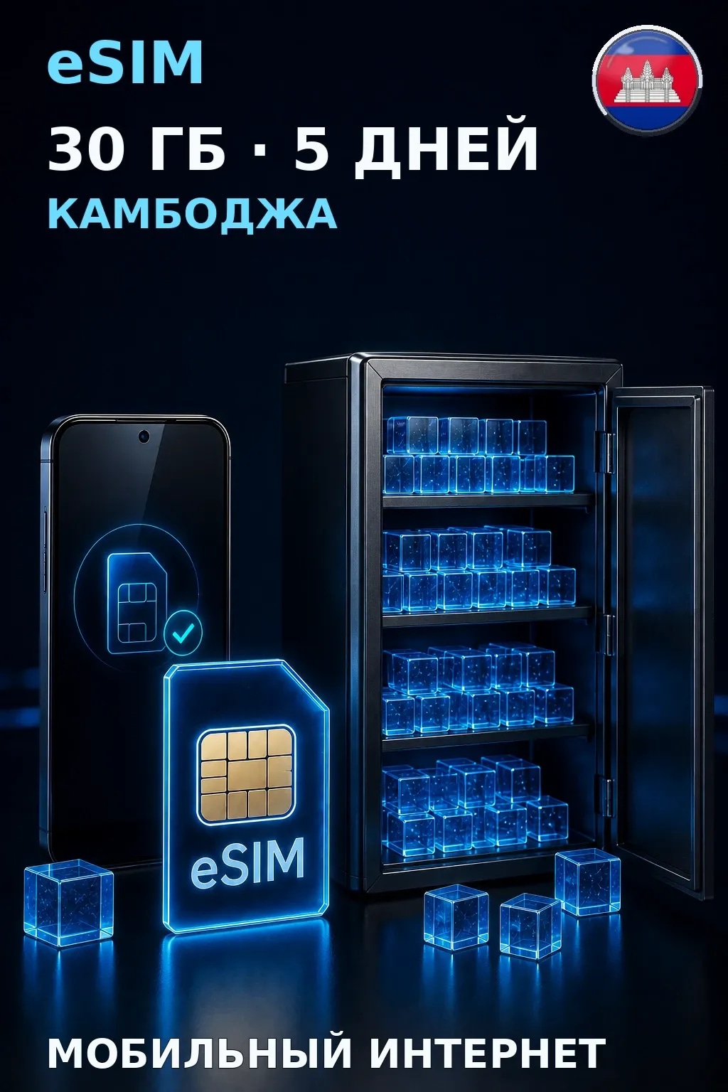 eSIM Камбоджа — 30 ГБ, 5 дней — интернет